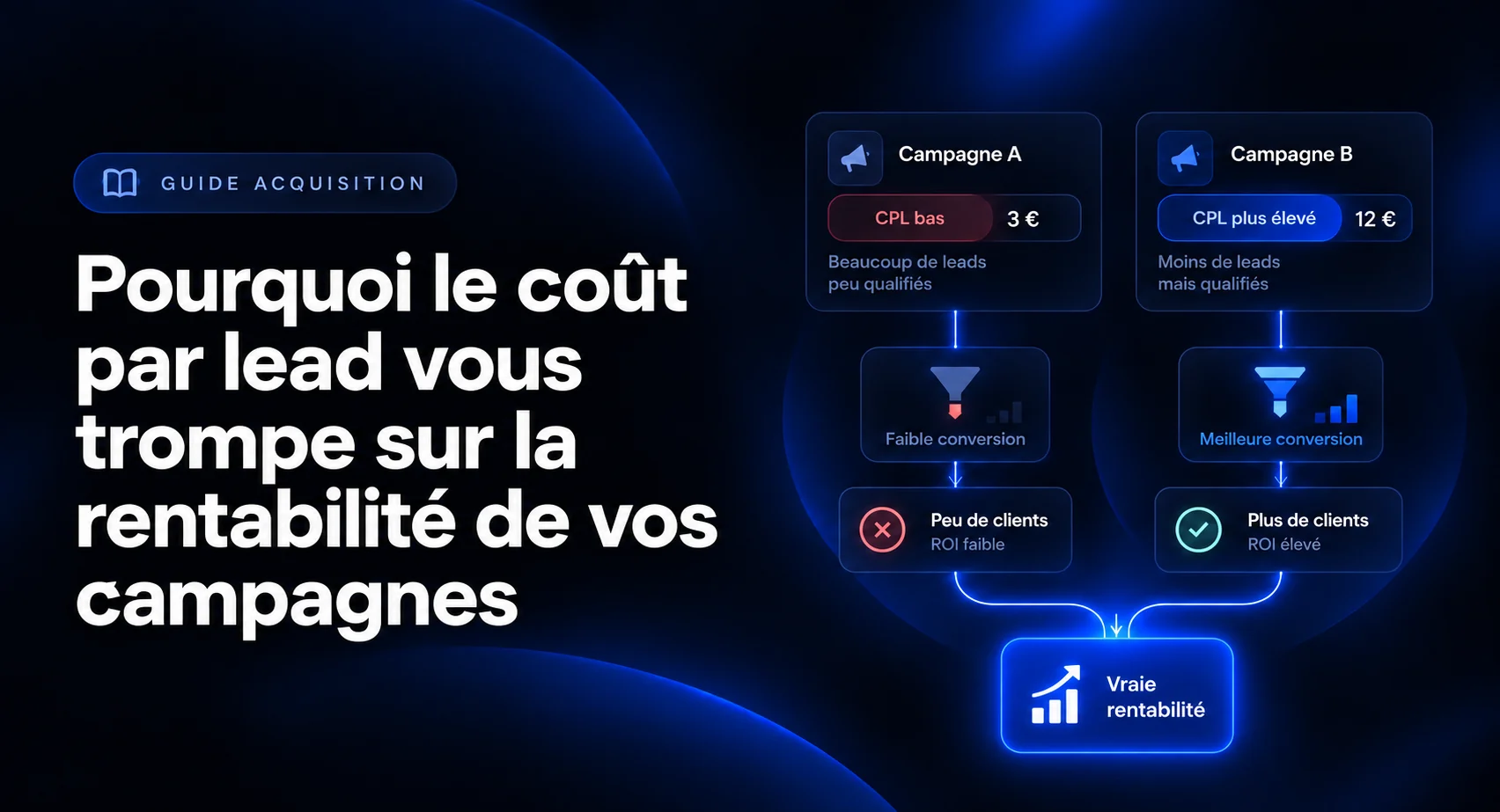 Comparaison de deux campagnes montrant pourquoi un coût par lead plus bas peut produire une rentabilité plus faible